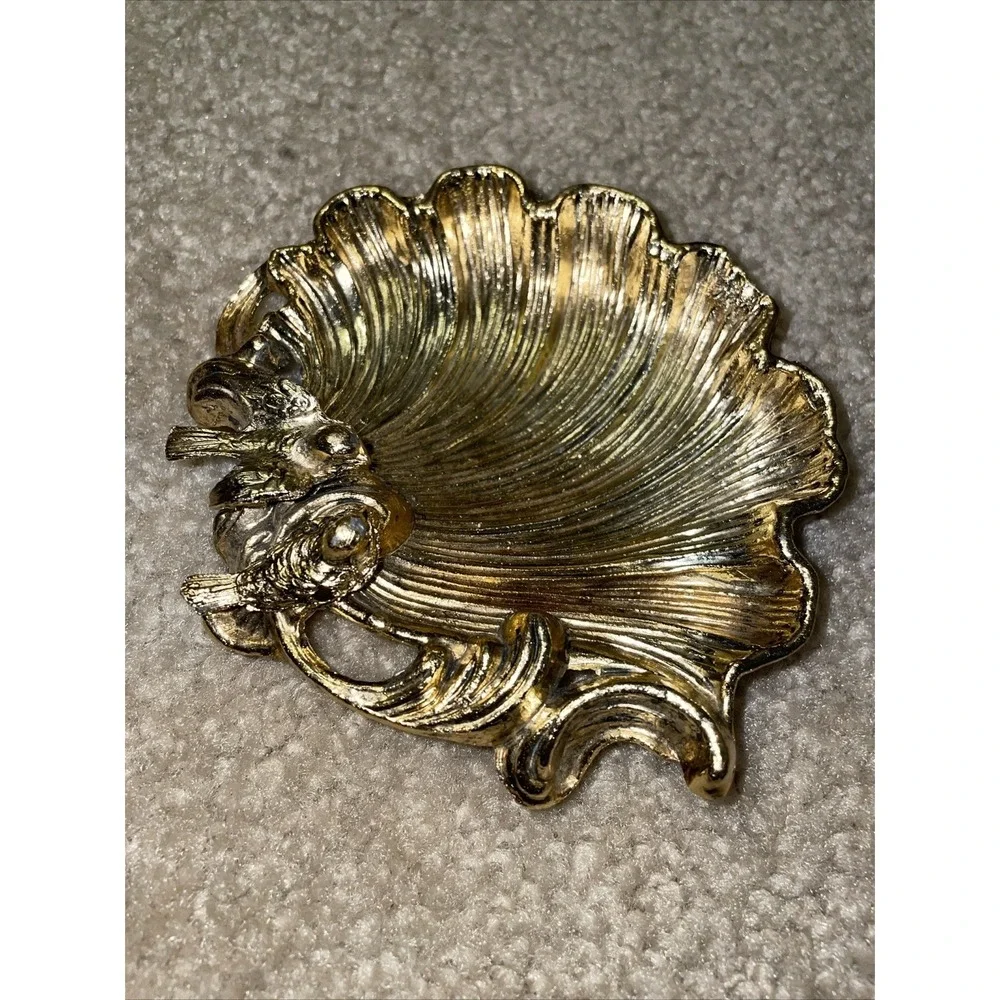 Vintage Gold Tone Shell Trinket Dish with Birds Scalloped Jewelry Catchall 4.5